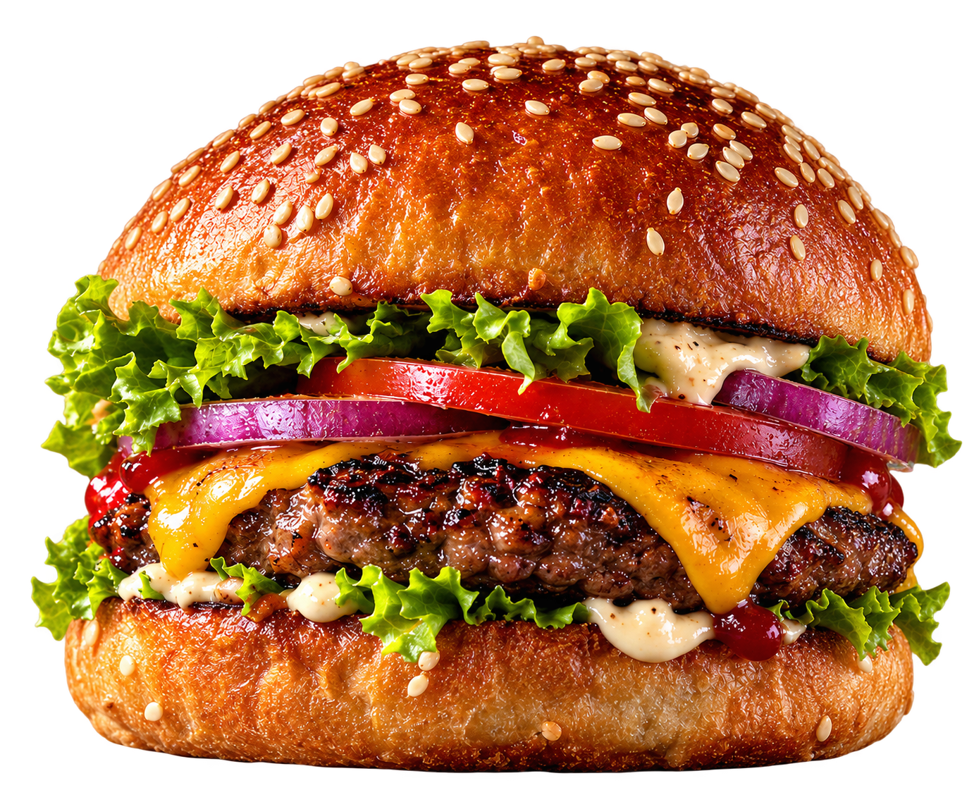 Hamburguesa clásica con pan de semillas, lechuga, tomate, cebolla y queso
