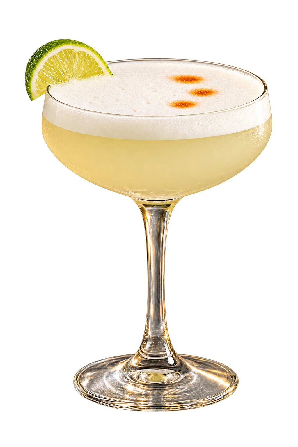 Pisco Sour con espuma, gotas de amargo y limón